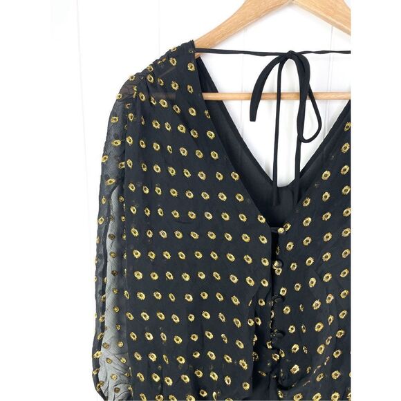 Anthro Greylin Black Gold Flutter Sleeve Sheer Polka Dot Button Down Back Top S - Picture 7 of 11